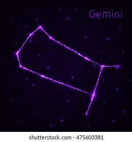 Gemini Illustration Icon, Lights Silhouette on Dark Background. Glowing Lines and Points