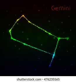 Gemini Illustration Icon, Lights Silhouette on Dark Background. Glowing Lines and Points