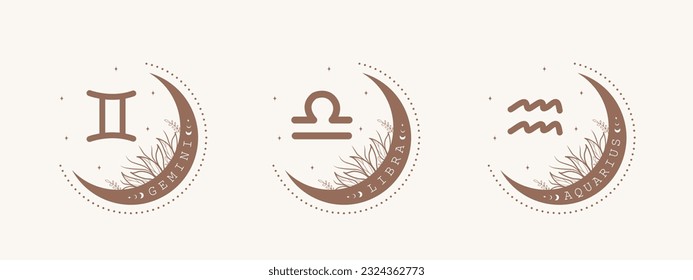 Gemini, libra, aquarius. Air zodiac signs in boho style. Astrological icons on white background. Mystery and esoteric. Horoscope vector illustration. Spiritual symbols for tarot cards, calendars.