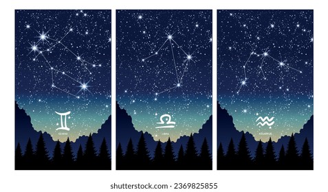 Gemini, Libra and Aquarius, element of air. Set of astrological cards, zodiac signs. Symbols on the background of the starry sky and night landscape, vector illustration with a gradient.