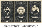 Gemini, Libra, Aquarius zodiac signs, air element, set of mystical astrology cards, horoscope banner with women on black background for stories. Vector boho hand drawing, magic design.