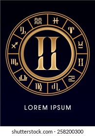 Gemini ,Luxury 12 Zodiac wheel cycle sign, designed using gold line color on dark blue background, logo, symbol, icon, graphic, vector.