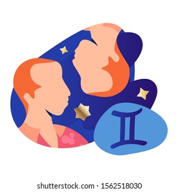 Gemini man zodiac and horoscope concept. Modern vector art with two men profiles. Illustration for horoscope and astrology apps, dating websites, astrology predictions.