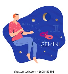 Gemini man zodiac and horoscope concept. Modern vector art with man and two masks. Illustration for horoscope and astrology apps, dating websites, astrology predictions.