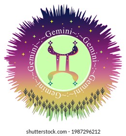 Gemini moon sign. Zodiac sign label. Astrology vector. Aurora gradient burst. Stars pattern. Horoscope symbol. Vedic sign title. Astrology badge. Astronomy sticker. Stock illustration.