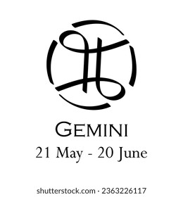 Gemini with name and dates. Horoscope with 12 zodiac signs. From May 21 to June 20. Astrology, fortune telling, constellation, stars, ascendant, pseudoscience, natal chart. Casual style of strokes