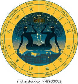 Gemini on the background urban night landscape and the starry sky in circle with the signs of the zodiac