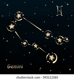 Gemini on a dark blue background, surrounded by stars. Constellation connected lines and decor.