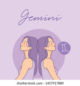 Gemini : Pretty girl with horoscope sign on pastel background :Vector Illustration