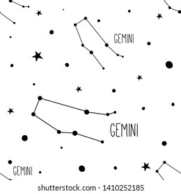 Gemini. Seamless pattern with zodiac sign, stars and constellations. Simle minimalistic hand drawn astrological vector texture for textile, fabric, paper. Black and white, monochrome background. 