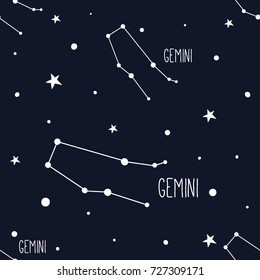 Gemini. Seamless pattern with zodiac sign. Night sky with stars and constellations. Hand drawn astrological vector background.