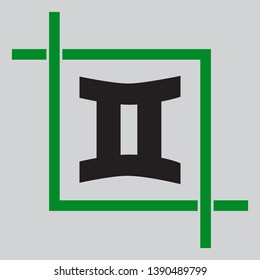 Gemini sign. Black icon inside green crop tool at light gray background