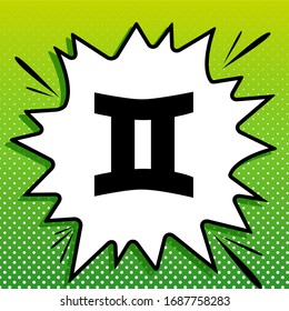 Gemini sign. Black Icon on white popart Splash at green background with white spots. Illustration.