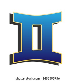Gemini sign. Blue icon with gold contour with dark gray shadow at white background. Illustration.