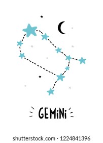 Gemini Sign.  Cute Bright Hand Drawn Zodiac Vector Illustration. Blue, Black and Light Gray Stars on a White Background. Black Moon. Childish Style Starry Sky Illustration. Black Handwritten Text.