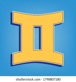 Gemini sign. Golden Icon with White Contour at light blue Background. Illustration.