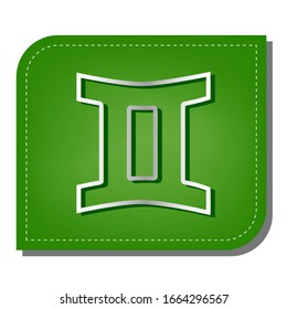 Gemini sign. Silver gradient line icon with dark green shadow at ecological patched green leaf. Illustration.