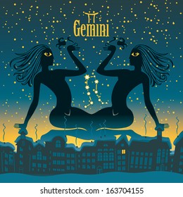 gemini sign in the starry sky night city