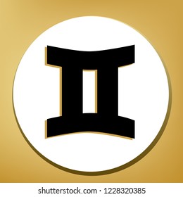 Gemini sign. Vector. Black icon with light brown shadow in white circle with shaped ring at golden background.