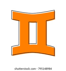 Gemini sign. Vector. Black line icon with shifted flat orange filled icon on white background. Isolated.