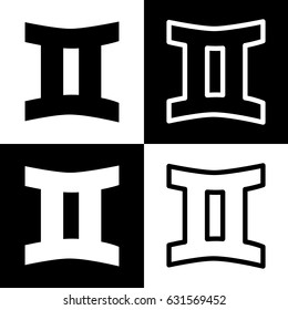Gemini sign. Vector. Black and white icons and line icon on chess board.