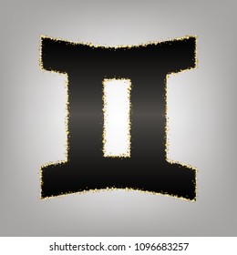 Gemini sign. Vector. Blackish icon with golden stars at grayish background.