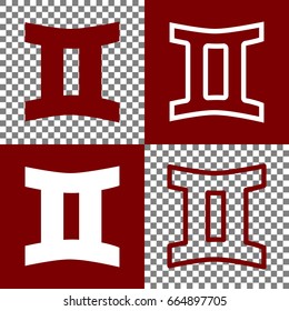 Gemini sign. Vector. Bordo and white icons and line icons on chess board with transparent background.