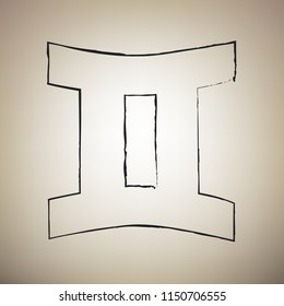 Gemini sign. Vector. Brush drawed black icon at light brown background.