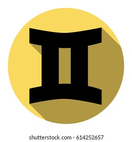 Gemini sign. Vector. Flat black icon with flat shadow on royal yellow circle with white background. Isolated.