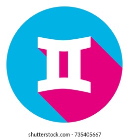 Gemini sign. Vector. Flat white icon with mexican pink shadow inside sky blue(S and G) circle at white background. Isolated. Trend colors in 2017.
