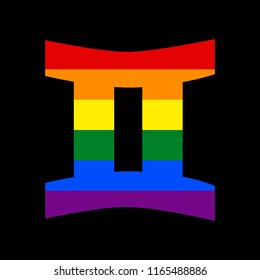Gemini sign. Vector. Icon with colors of LGBT flag at black background.