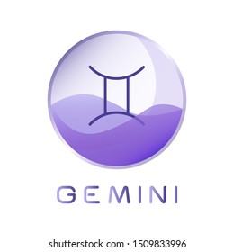 Gemini sign vector icon. Zodiac sign encapsulated in violet glass ball with sign name isolated on white background. Vector illustration.