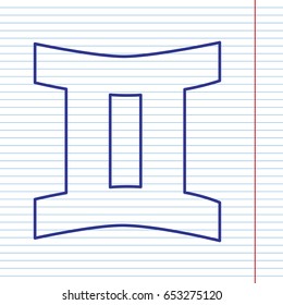 Gemini sign. Vector. Navy line icon on notebook paper as background with red line for field.