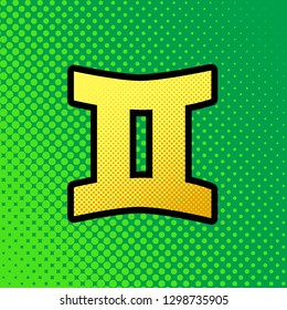 Gemini sign. Vector. Pop art orange to yellow dots-gradient icon with black contour at greenish background.