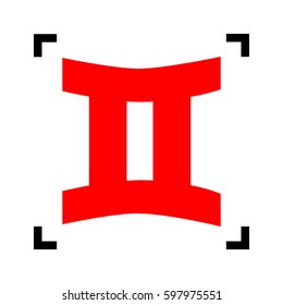 Gemini sign. Vector. Red icon inside black focus corners on white background. Isolated.