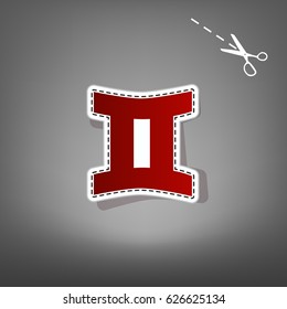 Gemini sign. Vector. Red icon with for applique from paper with shadow on gray background with scissors.