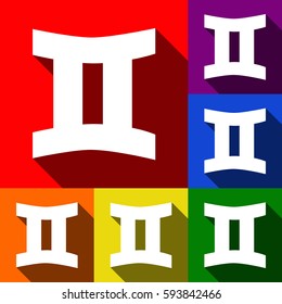 Gemini sign. Vector. Set of icons with flat shadows at red, orange, yellow, green, blue and violet background.