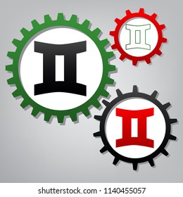 Gemini sign. Vector. Three connected gears with icons at grayish background.