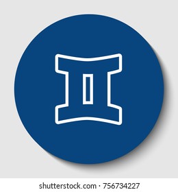 Gemini sign. Vector. White contour icon in dark cerulean circle at white background. Isolated.
