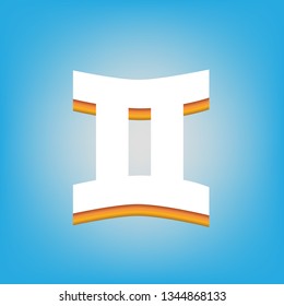 Gemini sign. Vector. White icon with 3d warm-colored gradient body at sky blue background.