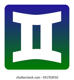 Gemini sign. Vector. White icon at green-blue gradient square with rounded corners on white background. Isolated.
