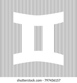 Gemini sign. Vector. White icon on grayish striped background. Optical illusion.