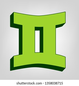 Gemini sign. Vector. Yellow green solid icon with dark green external body at light colored background.