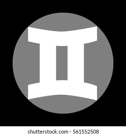 Gemini sign. White icon in gray circle at black background. Circumscribed circle. Circumcircle.