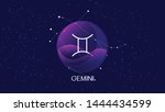 Gemini sign, zodiac background. Beautiful and simple vector image of night, starry sky with gemini zodiac constellation behind glass sphere with encapsulated gemini sign and constellation name. 