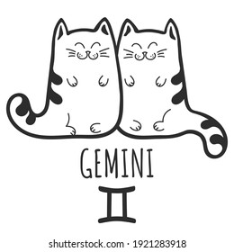 Gemini sign of the zodiac, Cat zodiac, Astrological Sign. Cat horoscope. Zodiac of pets. The hand drawing is isolated on a white background