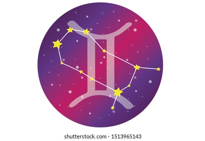 Gemini signs, zodiac background. Beautiful and simple vector images in the middle of the starry galaxy, along with the Gemini constellation in front of a sphere with the symbol of Gemini.