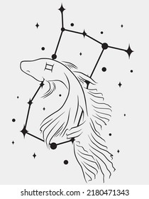 Gemini star constellation with line art fish. Simple vector art. Magical black and white artwork.