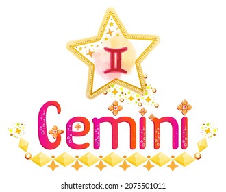Gemini star sign. Zodiac sign. Moon sign. Horoscope vector. Astrology label. Vedic title. Astrology sticker. Astronomy badge. Stock illustration. Lettering text. Stars and patterns.