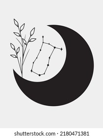Gemini stars constellation, simple vector art. Black moon with simple plant.